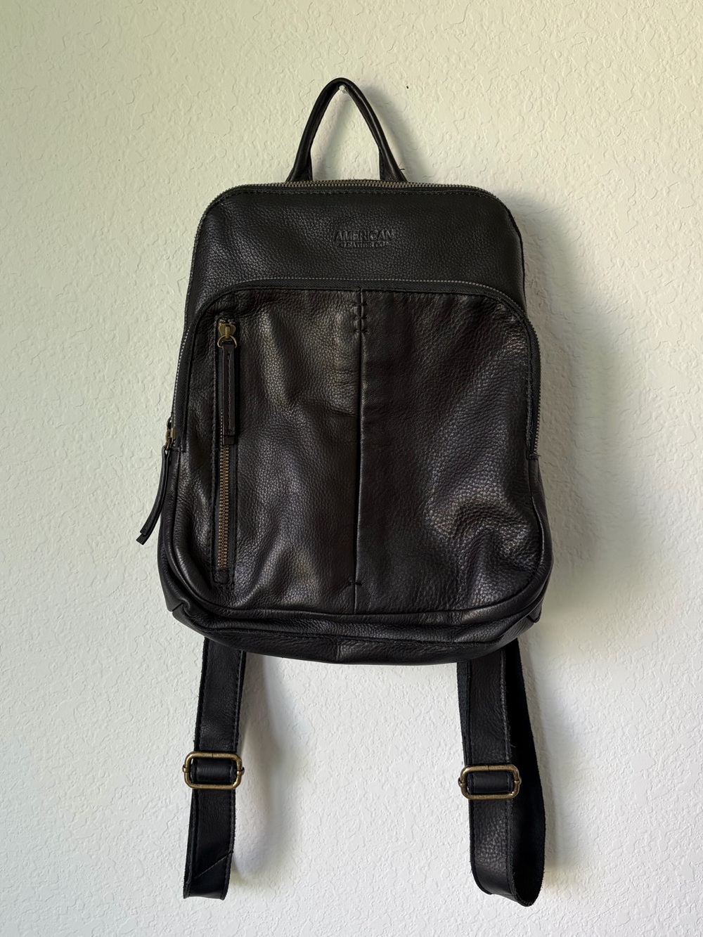 American Leather Co Black Pebbled Genuine Leather Backpack Purse Zip Pockets